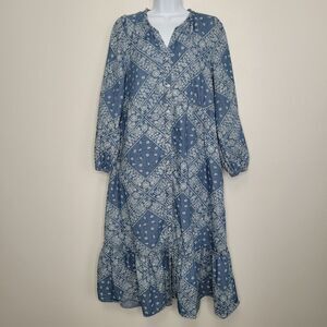 Daily thread blue white bandanna print modest long sleeve maxi western dress Med